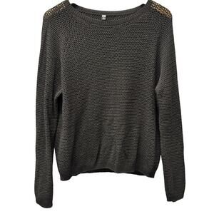 Uniqlo Sweater Womens XL Black Mesh Open Knit Pullover Long Sleeve